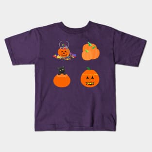 Halloween Pumpkins, Candy and Black Cat (White Background) Kids T-Shirt